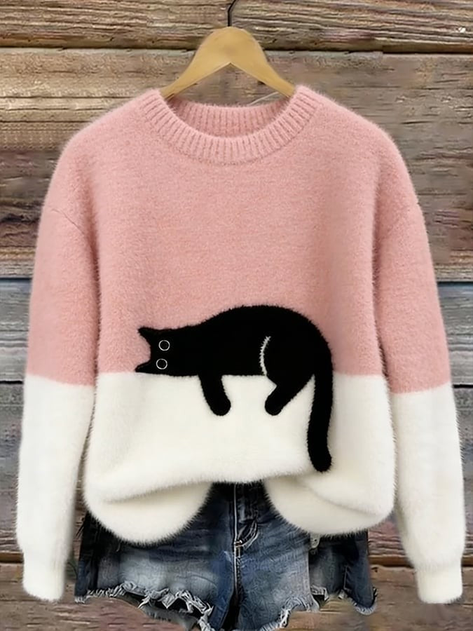 Cat Print Fuzzy Pullover Sweater Crew Neck