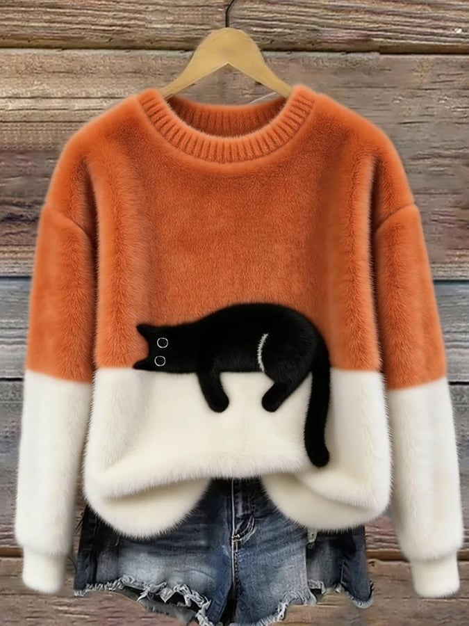 Cat Print Fuzzy Pullover Sweater Crew Neck