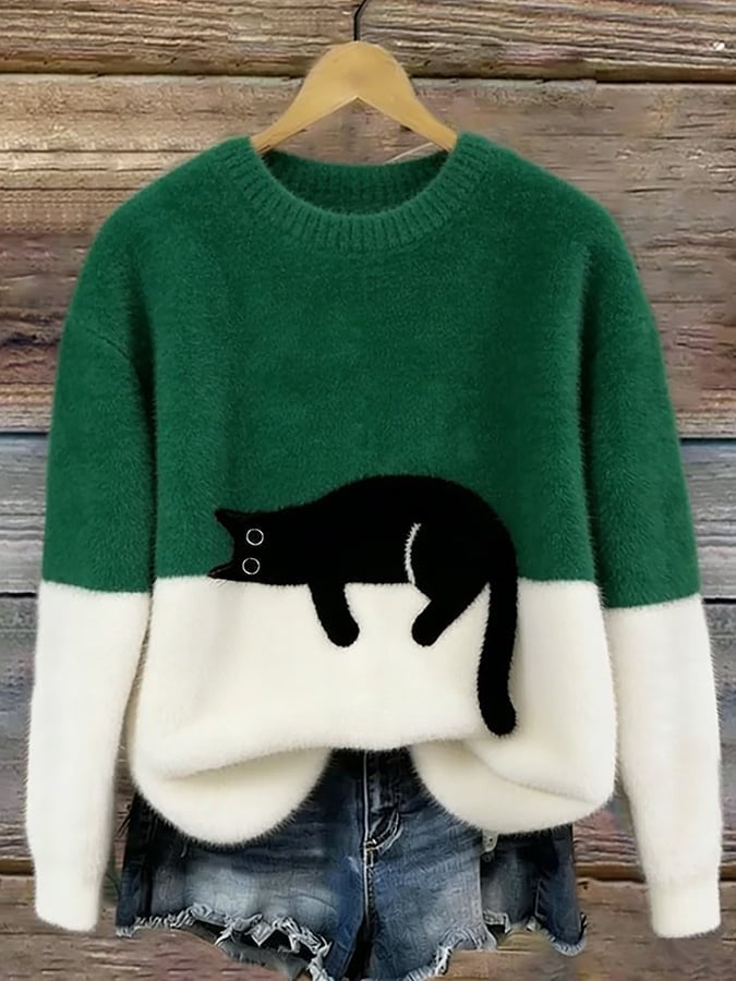 Cat Print Fuzzy Pullover Sweater Crew Neck