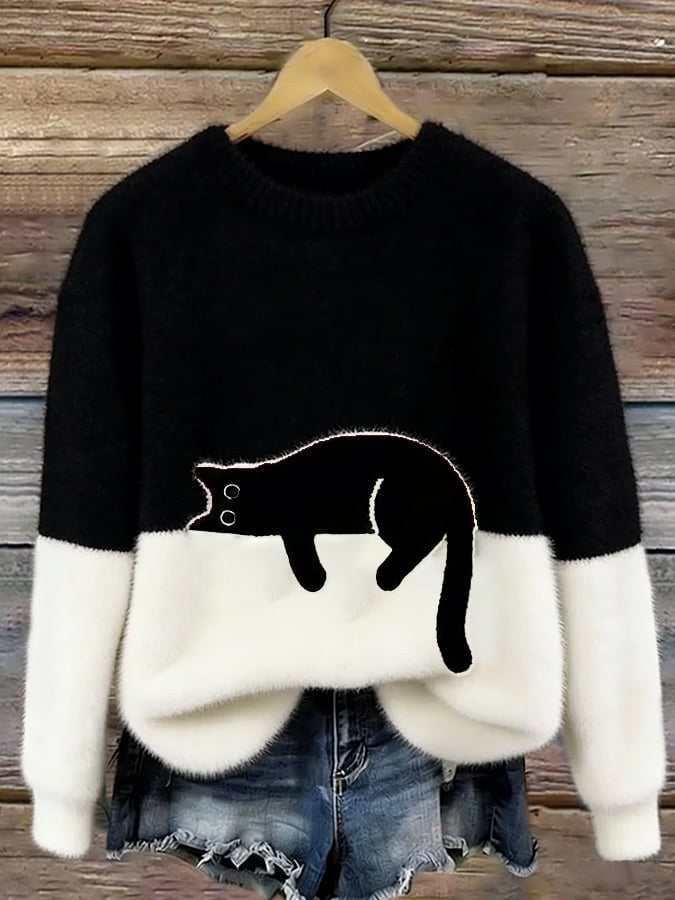 Cat Print Fuzzy Pullover Sweater Crew Neck