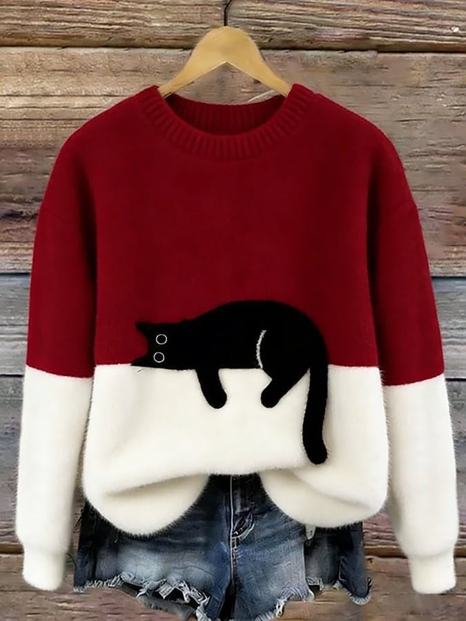 Cat Print Fuzzy Pullover Sweater Crew Neck