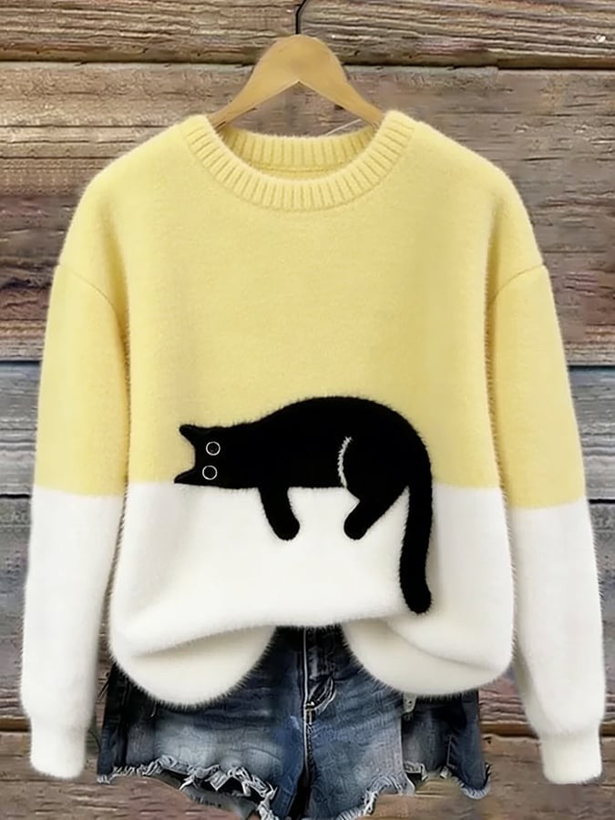 Cat Print Fuzzy Pullover Sweater Crew Neck