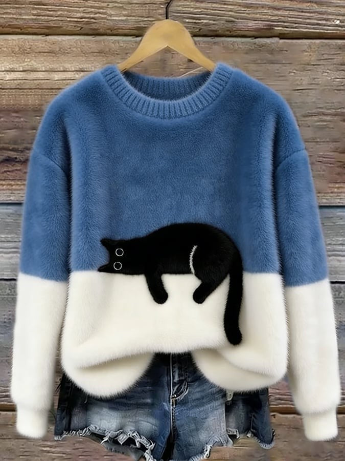 Cat Print Fuzzy Pullover Sweater Crew Neck