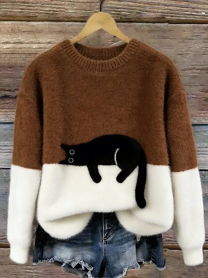 Cat Print Fuzzy Pullover Sweater Crew Neck