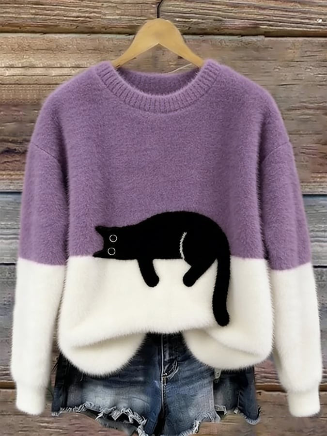 Cat Print Fuzzy Pullover Sweater Crew Neck