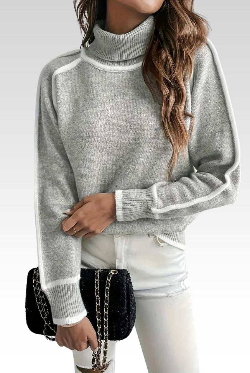 Sweater à col roulé avec bordure rayée, Cropped