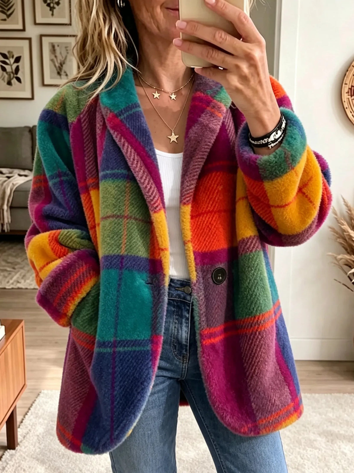 Oversized Plaid Blazer Coat Notch Lapel