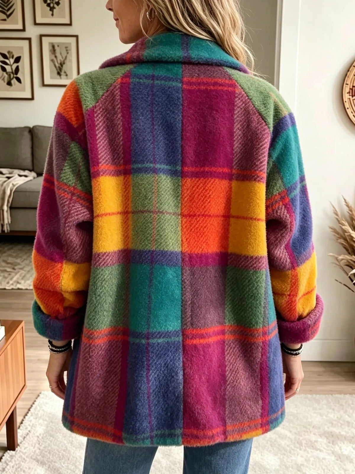 Oversized Plaid Blazer Coat Notch Lapel