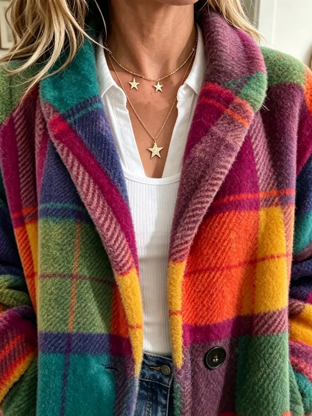 Oversized Plaid Blazer Coat Notch Lapel