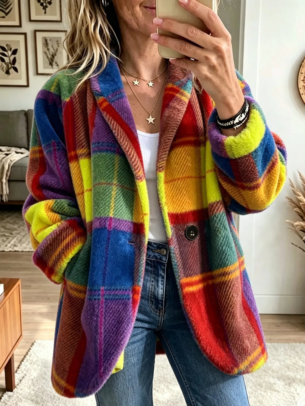 Oversized Plaid Blazer Coat Notch Lapel