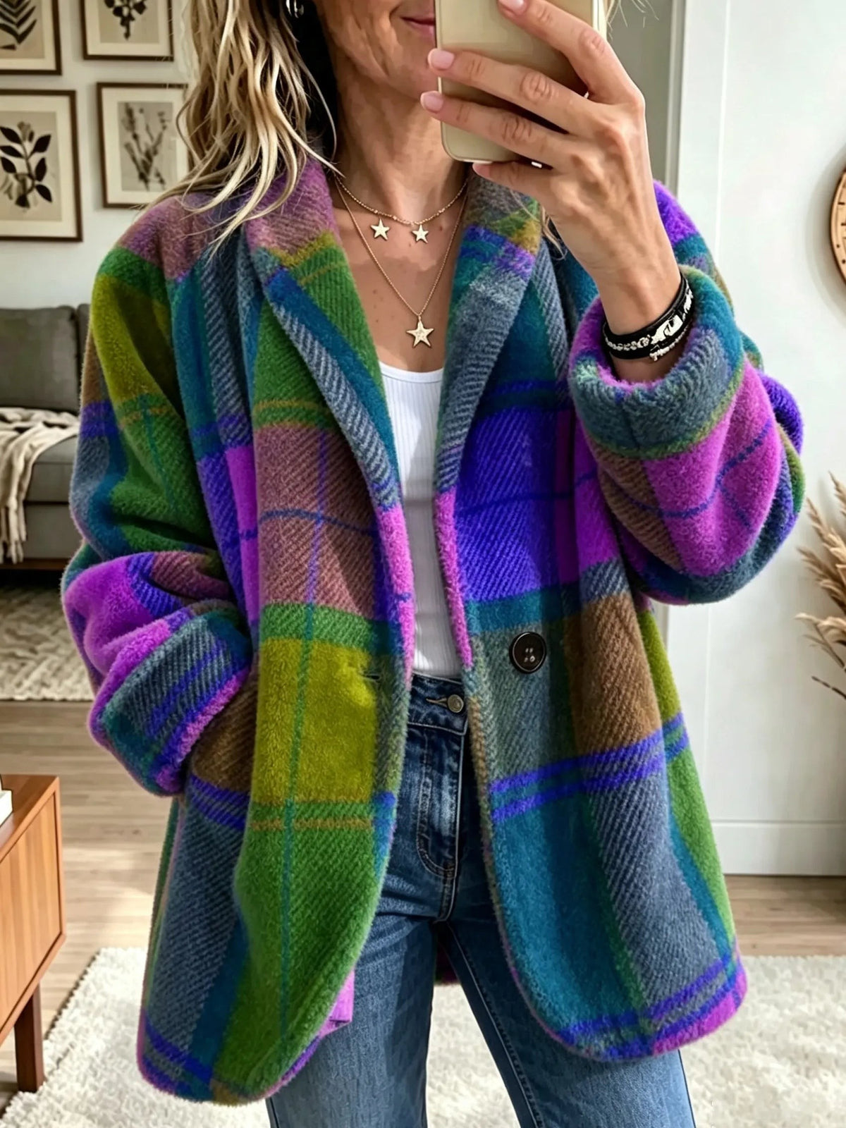 Oversized Plaid Blazer Coat Notch Lapel