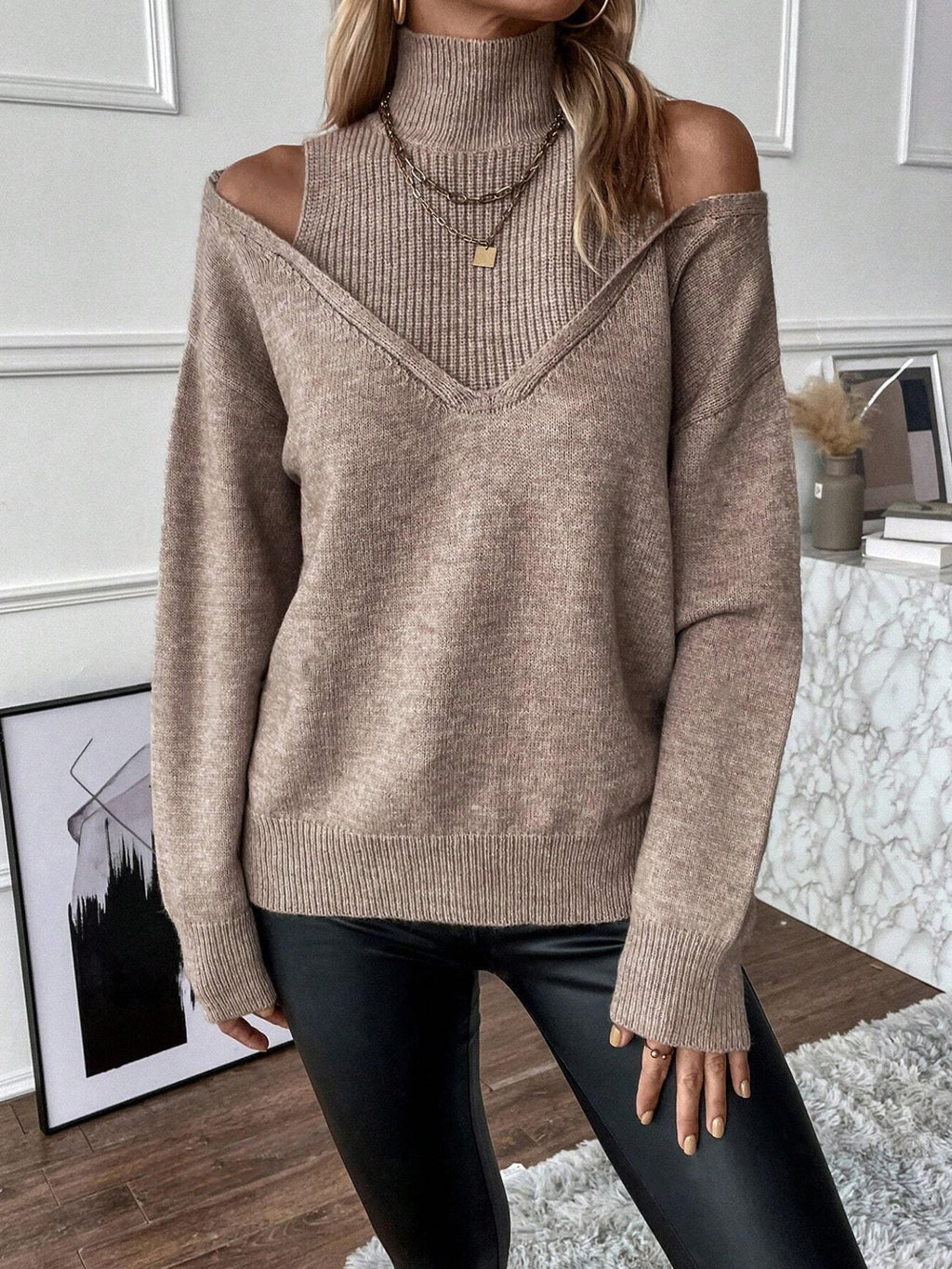Cold Shoulder Turtleneck Sweater Oversized