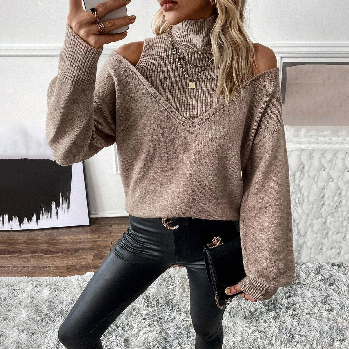 Cold Shoulder Turtleneck Sweater Oversized