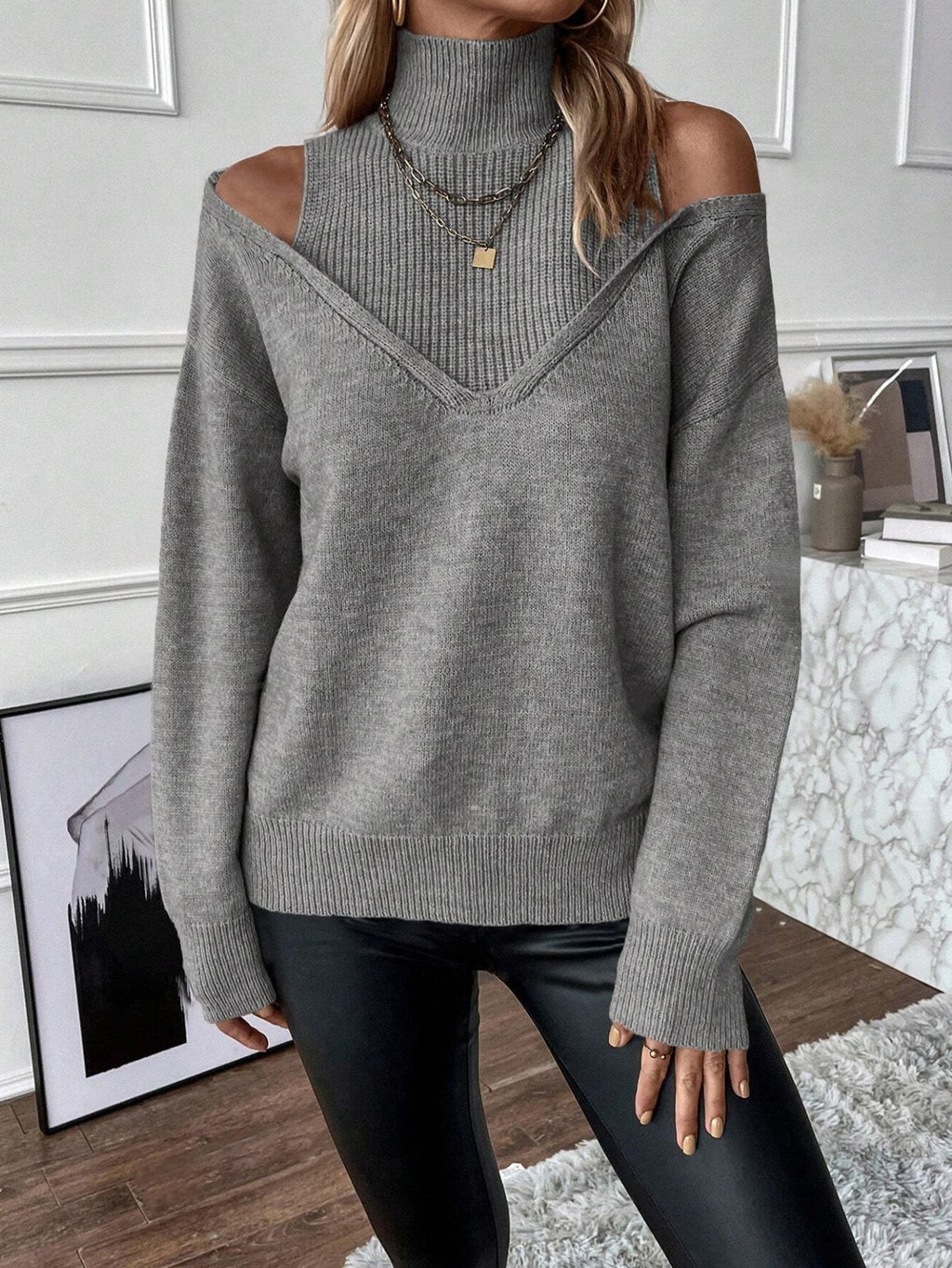 Cold Shoulder Turtleneck Sweater Oversized