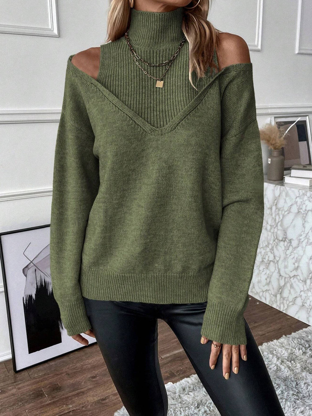 Cold Shoulder Turtleneck Sweater Oversized